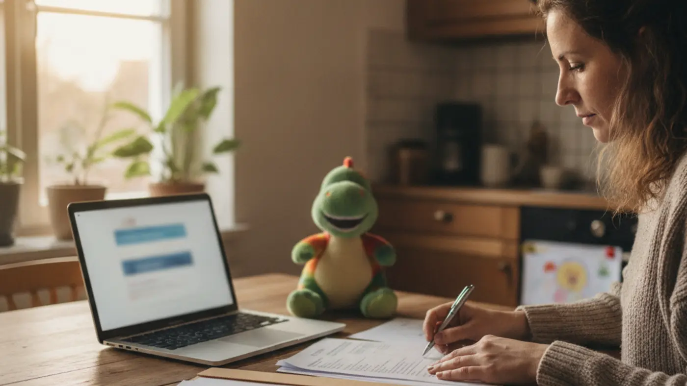 Rodzic w Niemczech przygotowuje dokumenty do wniosku Kindergeld przy laptopie.